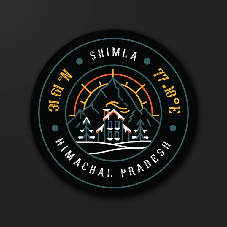 Inline-4 Shimla travel sticker with hill-station scenery and location coordinates