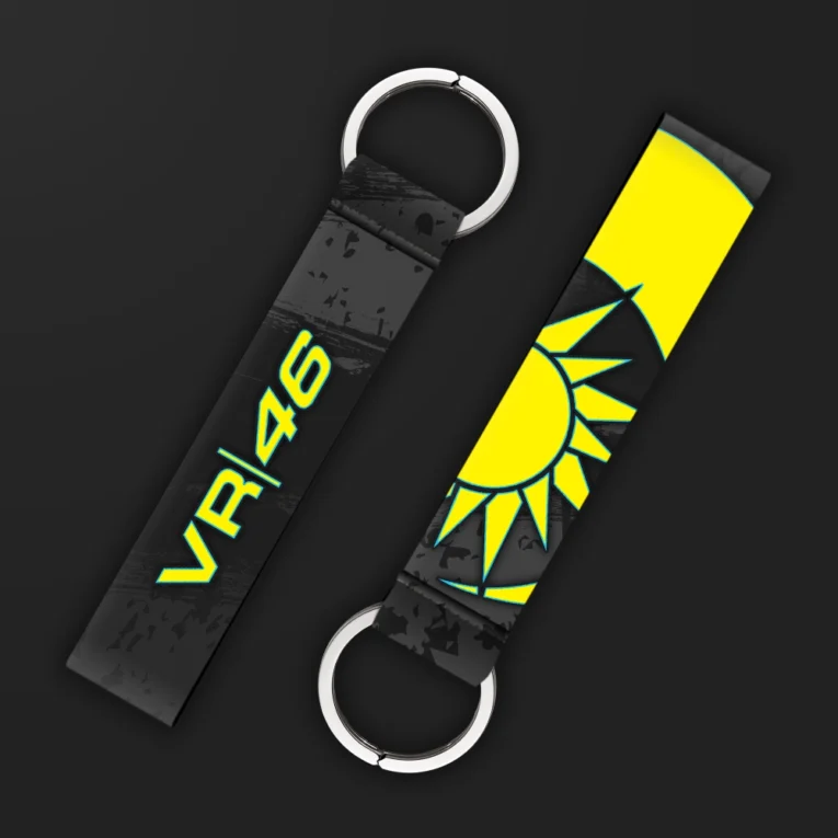 Inline-4 Sun & Moon keychain strap with a yellow sun graphic and 'VR|46' text on a black background, double keyring