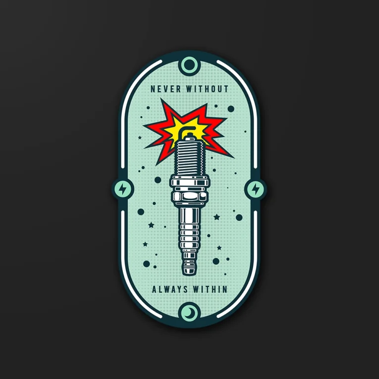 Inline-4 Sparkplug sticker with a bold graphic illustration of a motorcycle sparkplug