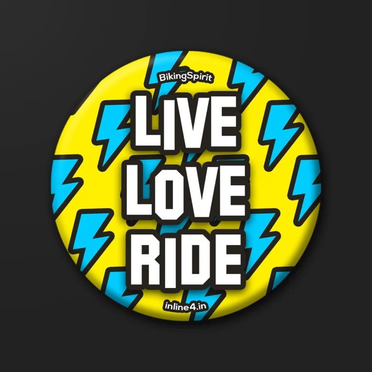 Yellow badge with a blue lightning bolt pattern and bold white stacked text reading "Live Love Ride"