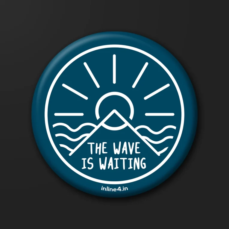 Teal badge with a white line-art sunrise, mountain and wave icon, and bold text reading "The Wave Is Waiting"