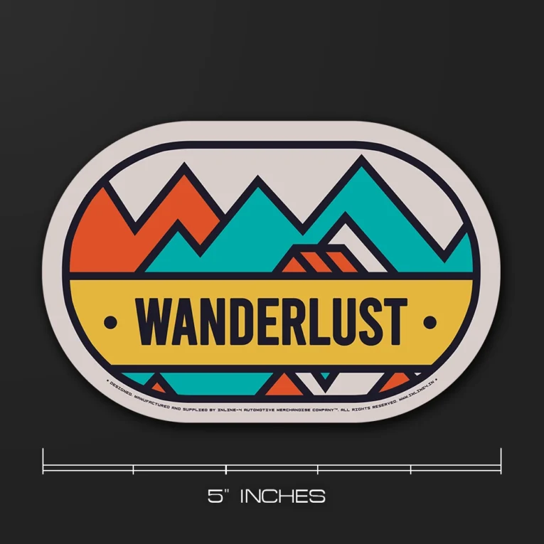 Inline-4 Wanderlust car sticker with a geometric teal and orange mountain illustration and bold 'WANDERLUST' text on a yellow banner