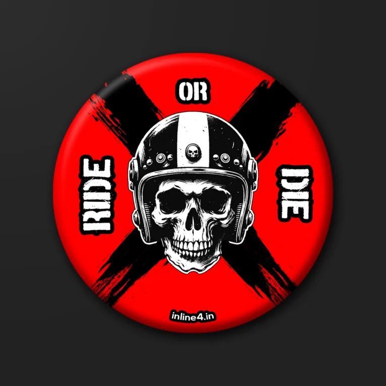 Red badge with a black brushstroke X, an illustrated skull wearing a striped helmet, and bold text reading "Ride Or Die"