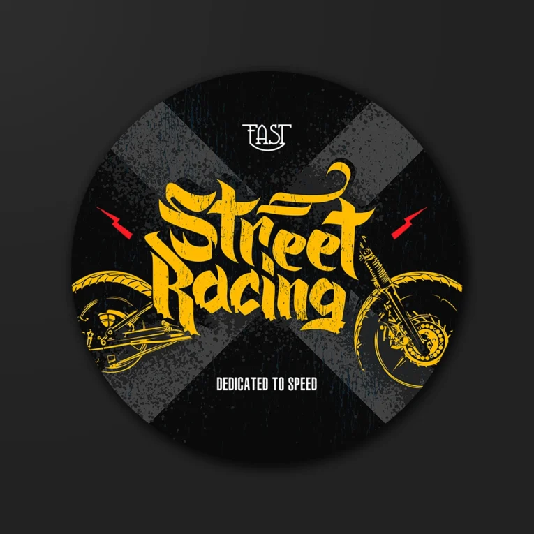 Inline-4 Street Racing sticker with bold brush-lettered type over a motorcycle graphic