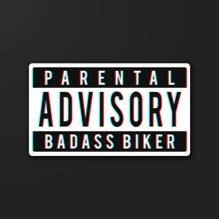 Inline-4 Parental Advisory Badass Biker sticker styled like an explicit-content warning label
