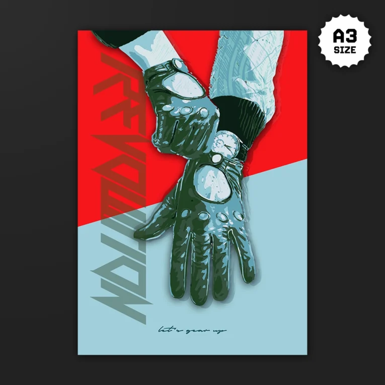 Inline-4 Revolution poster in a pop-art halftone style showing two gloved hands linking pinky fingers, bold REVOLUTION text