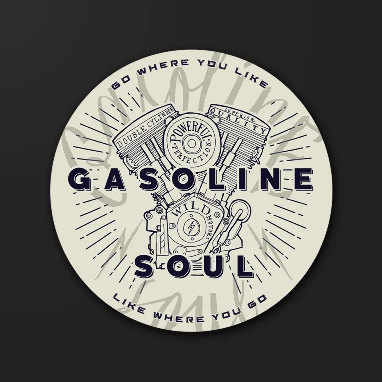 Inline-4 Gasoline Soul sticker featuring a detailed line-art motorcycle engine illustration