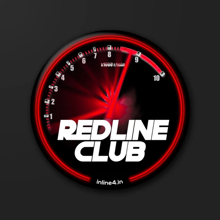 Black badge with a glowing red tachometer illustration and bold white text reading "Redline Club"