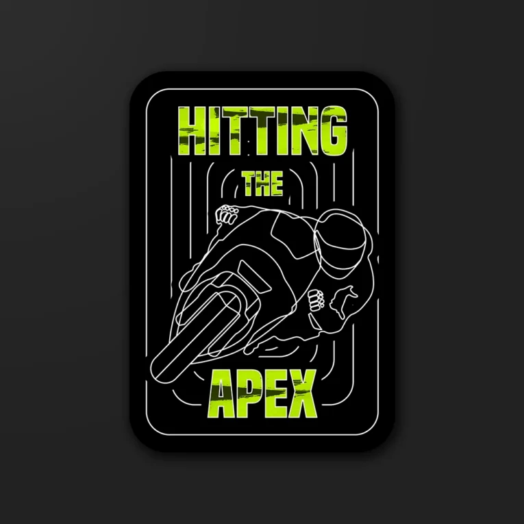 Inline-4 Hitting the Apex sticker with a line-art racer leaning into a corner