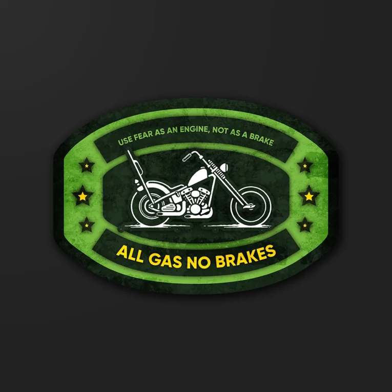 Inline-4 All Gas No Brakes sticker with a chopper motorcycle illustration and gold stars