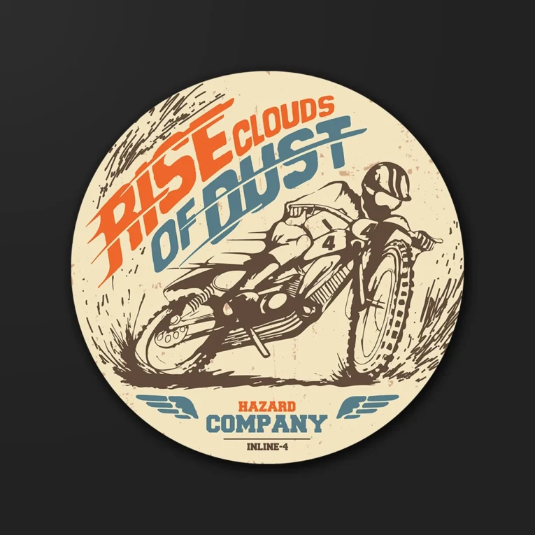 Inline-4 Rise Clouds of Dust sticker illustrating a flat-track racer kicking up dirt