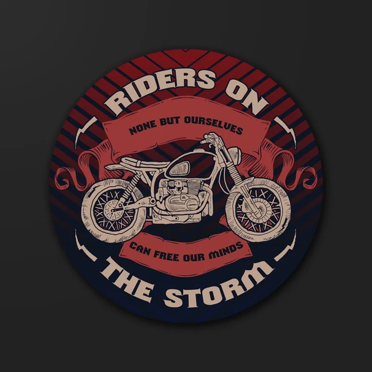 Inline-4 Riders on the Storm sticker illustrating a vintage motorcycle in warm vintage tones