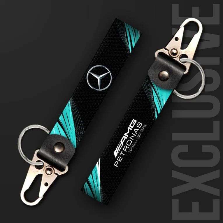 Inline-4 racing tribute keychain strap in Mercedes-inspired teal and black with a three-pointed star graphic, swivel hook clip + keyring