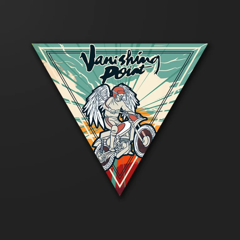 Inline-4 Vanishing Point sticker illustrating a winged rider on a dirt motorcycle