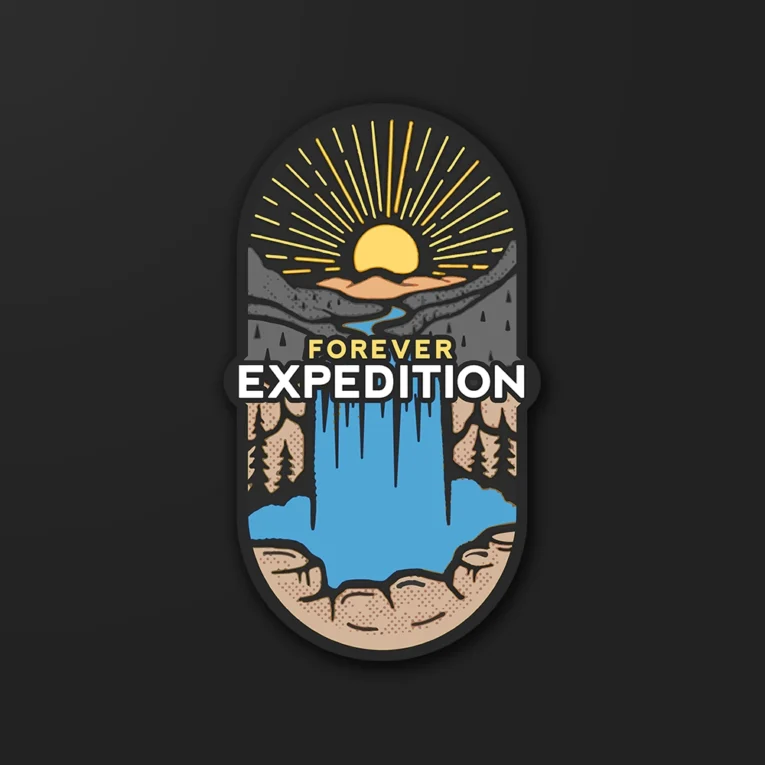 Inline-4 Forever Expedition sticker illustrating a sunrise over mountains and a frozen waterfall