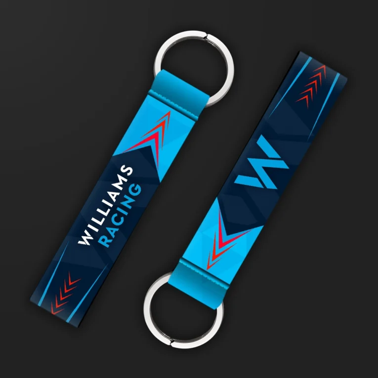 Inline-4 racing tribute keychain strap in sky-blue with a 'W' emblem and 'RACING' wordmark, double keyring
