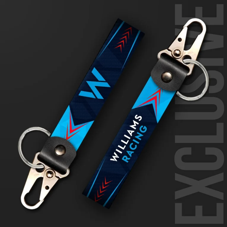 Inline-4 racing tribute keychain strap in sky-blue with a 'W' emblem and 'RACING' wordmark, swivel hook clip + keyring