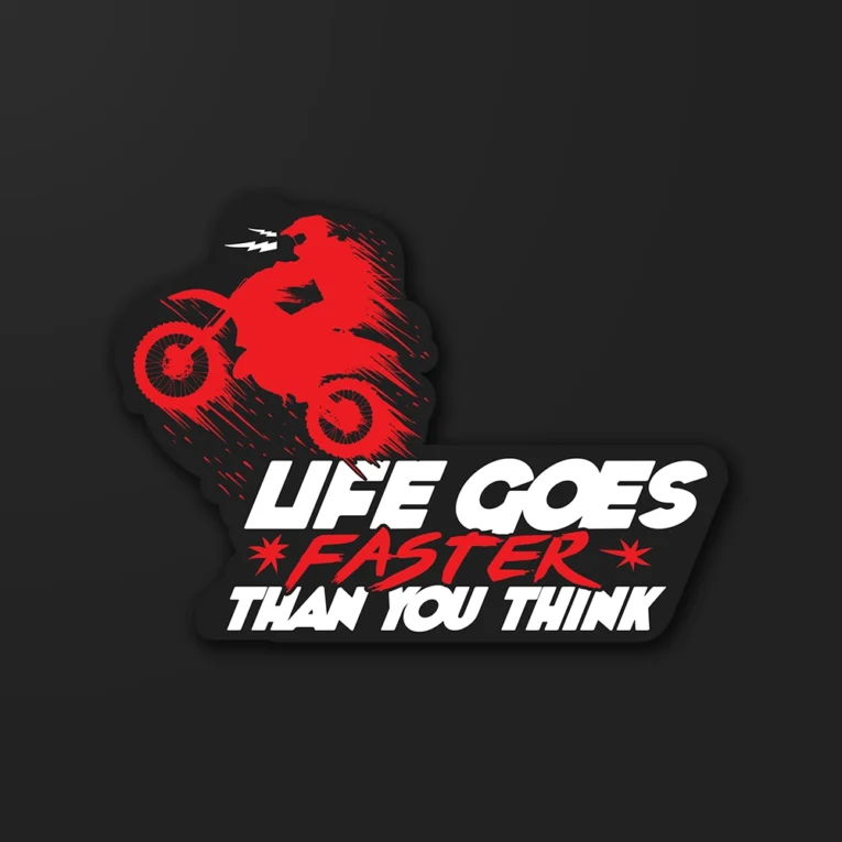 Inline-4 Life Goes Faster sticker illustrating a red dirt bike rider mid-jump