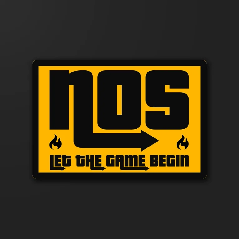 Inline-4 NOS sticker in bold black lettering on a yellow background with an arrow and flames