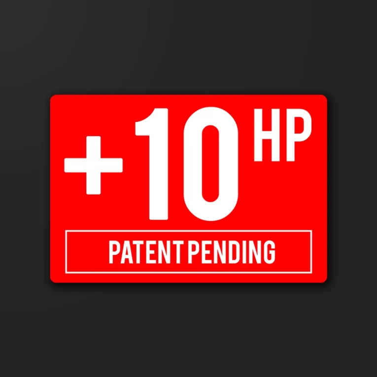 Inline-4 +10HP Patent Pending sticker in bold red and white lettering