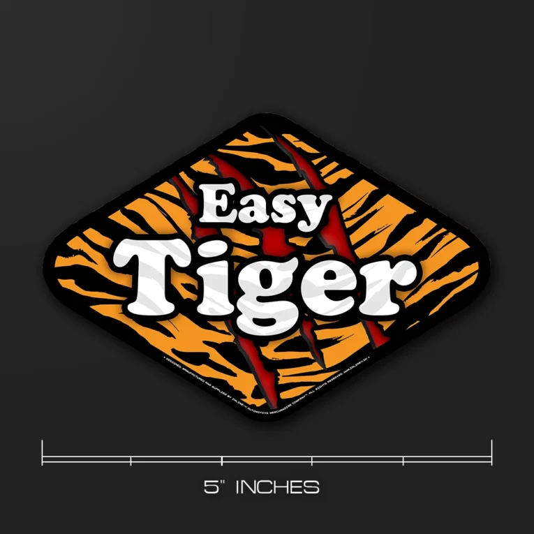 Inline-4 Easy Tiger car sticker with white script 'Easy Tiger' text over an orange and black tiger-stripe background with red claw marks