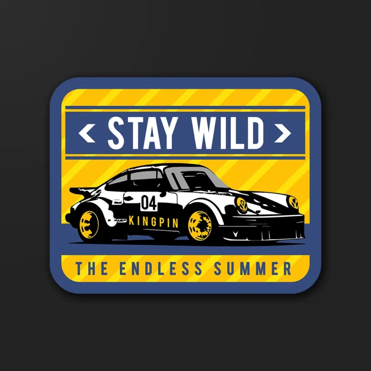 Inline-4 Stay Wild sticker illustrating a widebody rally car with the number 04