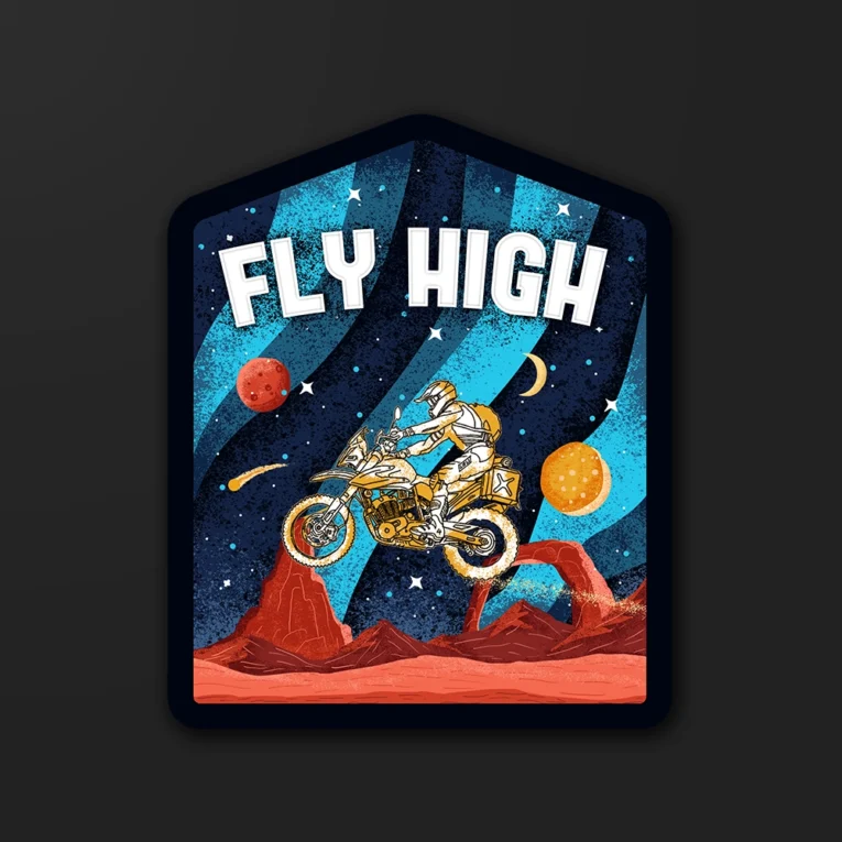 Inline-4 Fly High sticker illustrating an astronaut rider jumping a dirt bike among planets