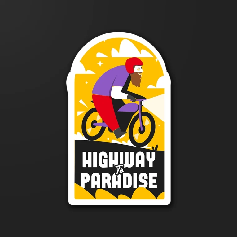 Inline-4 Highway to Paradise sticker illustrating a bearded rider on a bicycle at sunset