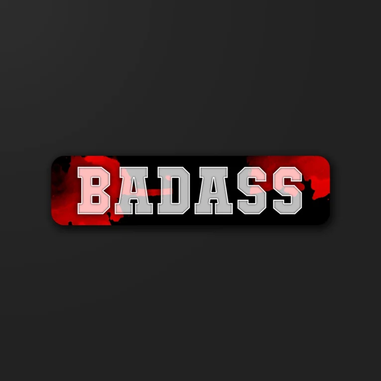 Inline-4 Badass sticker in bold collegiate lettering over a red splatter background