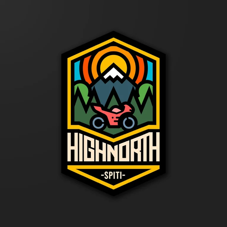 Inline-4 Highnorth Spiti sticker illustrating a motorcycle in front of colorful mountains