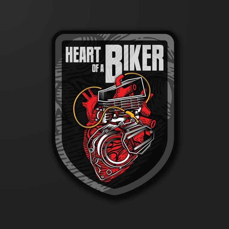 Inline-4 Heart of a Biker sticker illustrating an anatomical heart built from engine parts