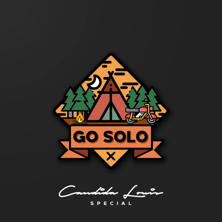 Inline-4 Go Solo sticker illustrating a campsite with a tent, campfire, and motorcycle at night
