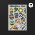 Inline-4 Adventure Mini Sticker Set, full A4 sheet with 16 flat-icon adventure stickers on a grey topographic background