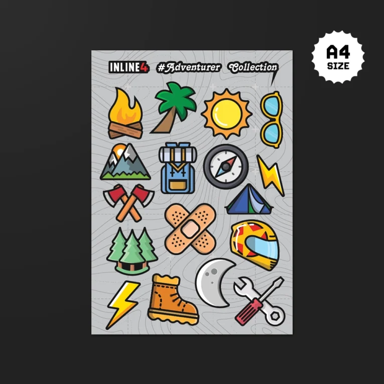 Inline-4 Adventure Mini Sticker Set, full A4 sheet with 16 flat-icon adventure stickers on a grey topographic background