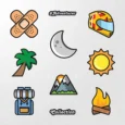 Inline-4 Adventure Mini Sticker Set close-up, showing the bandage, helmet, moon, palm tree, sun, backpack, mountain, and campfire icons