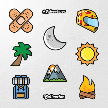 Inline-4 Adventure Mini Sticker Set close-up, showing the bandage, helmet, moon, palm tree, sun, backpack, mountain, and campfire icons