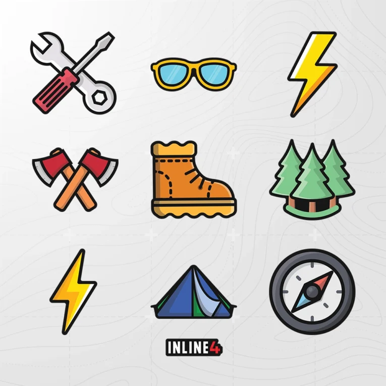 Inline-4 Adventure Mini Sticker Set close-up, showing the wrench, sunglasses, lightning bolt, axes, hiking boot, pine trees, tent, and compass icons