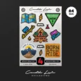 Inline-4 Candida Louis 1.0 Sticker Set, full A4 sheet of travel and motorcycle badge stickers on a light topographic background