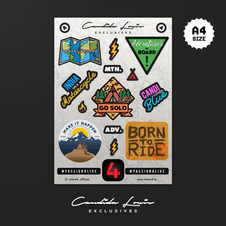 Inline-4 Candida Louis 1.0 Sticker Set, full A4 sheet of travel and motorcycle badge stickers on a light topographic background