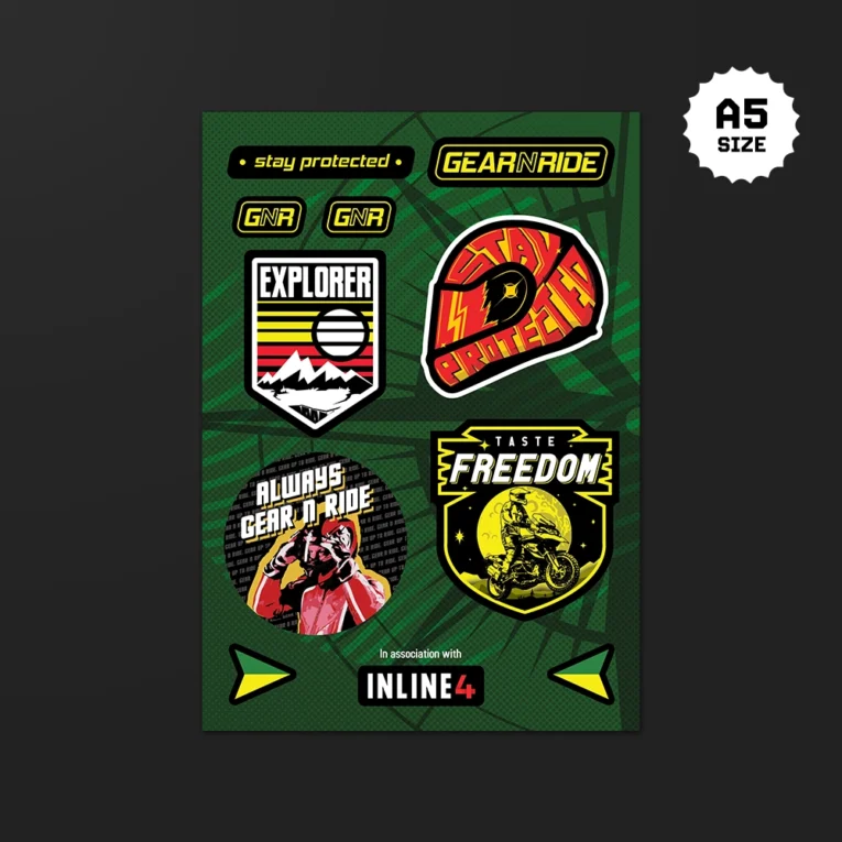 Inline-4 Gear n Ride Sticker Set, full A5 sheet of riding-gear badge stickers on a green textured background, GNR branding