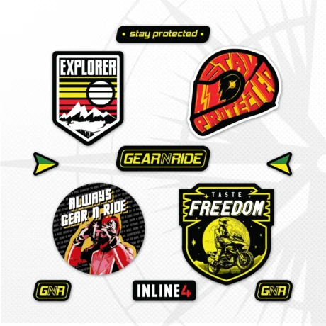 Inline-4 Gear n Ride Sticker Set close-up, showing the Explorer badge, Stay Protected helmet lettering, Always Gear N Ride badge, and Taste Freedom badge