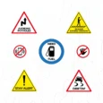 Inline-4 Road Signs Sticker Set close-up, showing the Avoiding Potholes, Beware Zombies Crossing, Need Fuel, Stay Alert, and Driftin' stickers