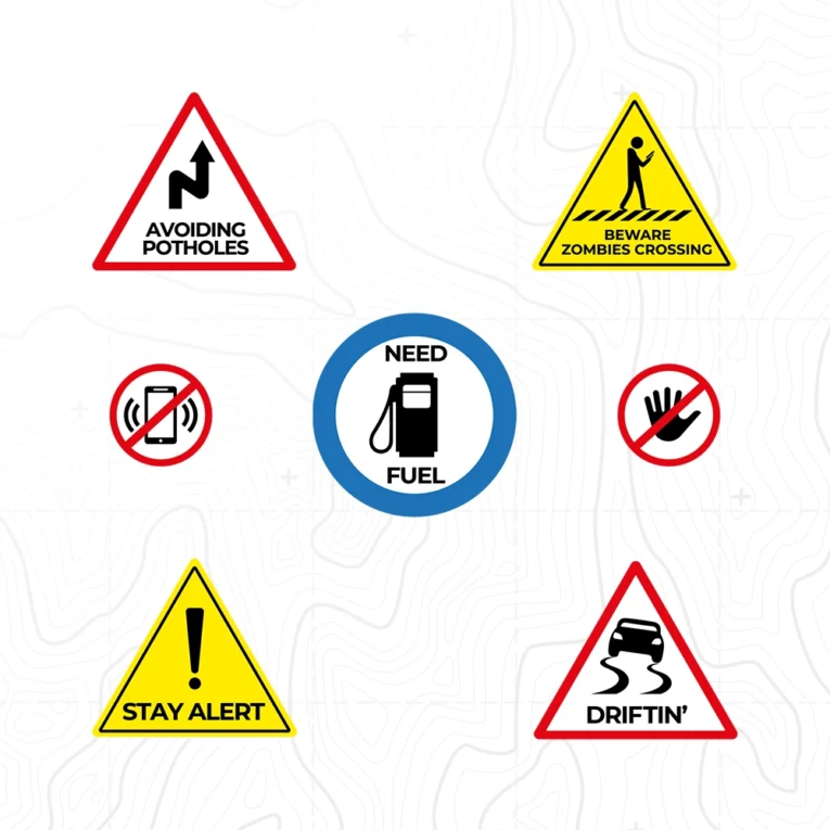 Inline-4 Road Signs Sticker Set close-up, showing the Avoiding Potholes, Beware Zombies Crossing, Need Fuel, Stay Alert, and Driftin' stickers