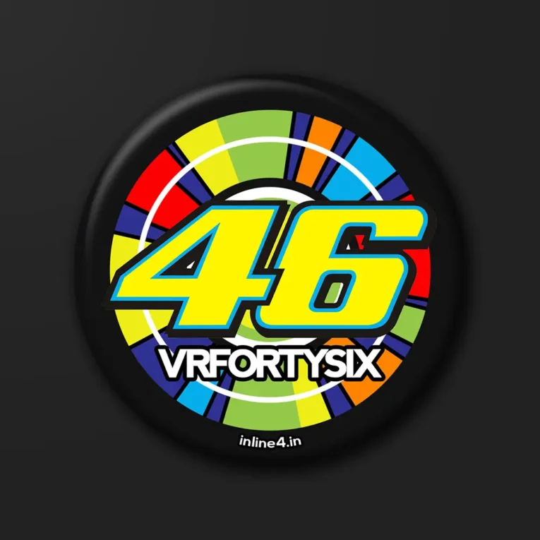 VRFORTY SIX badge, a large yellow and cyan 46 over a rainbow-Number 46 Rainbow Racer badge, a large yellow and cyan 46 over a rainbow-segmented sunburst on black