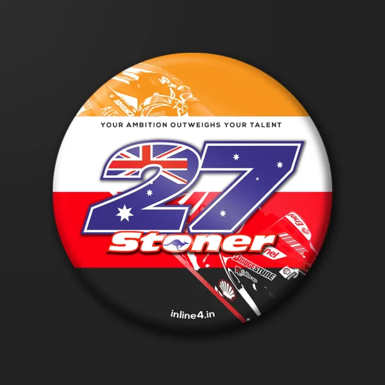 Casey Stoner 27 badge, a large 27 filled with a stars-and-flag pattern over an orange, white and red split
