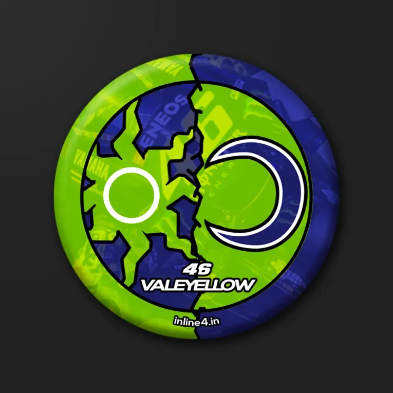 Sun and Moon badge, a green and blue split with a white circle sun and a crescent moon on a cracked-earth pattern