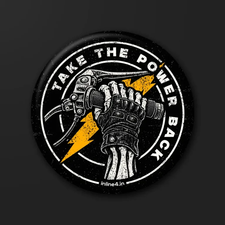 Take the Power Back badge, a skeletal gloved hand gripping a throttle with lightning bolts inside a circular lettering ring